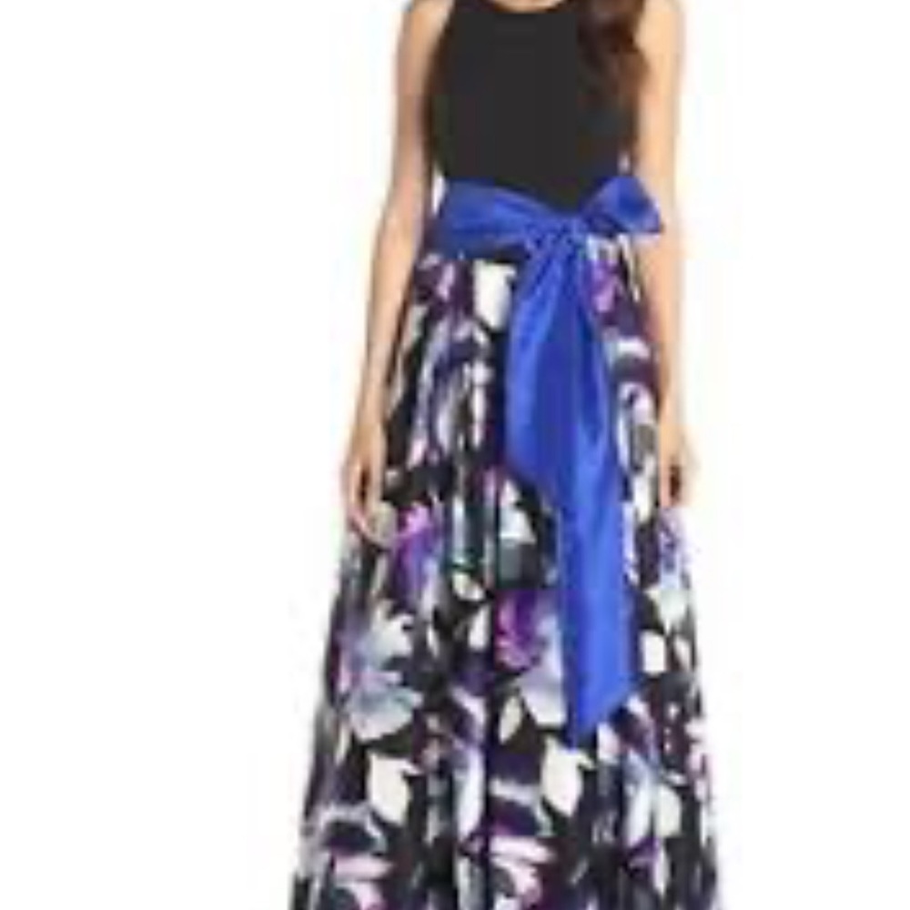 Eliza J Black and Purple Floral Maxi Dress with Blue Sash